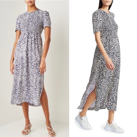 BAUM UND PFERDGARTEN Silk Short Sleeve Leopard Print Smocked Front Midi Dress 14 - Picture 10 of 16
